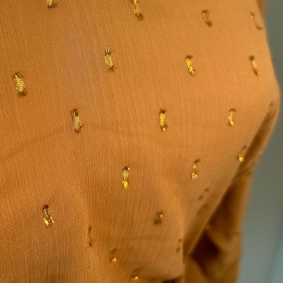 Women’s Express Sheer Long Sleeve Ruche Waist Peplum Top- Sienna w/ Gold- Medium - Picture 2 of 3